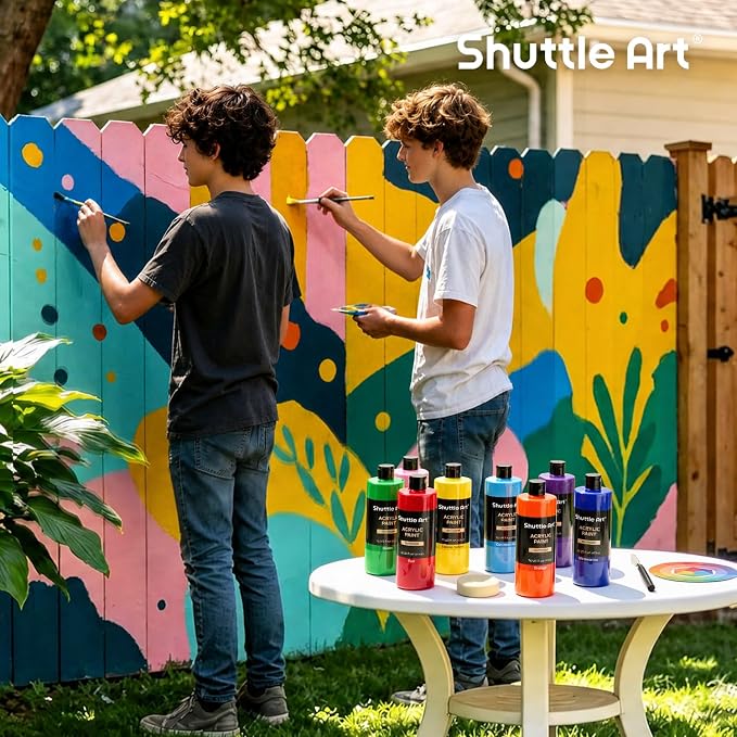 Shuttle Art Outdoor Acrylic Paint Set, 12 Colors Outdoor Paint,16oz Large Bottles, Rich Pigmented Bulk Painting Supplies for Artists, Beginners on Rocks, Wood, Wall, Crafts, Garden Statues