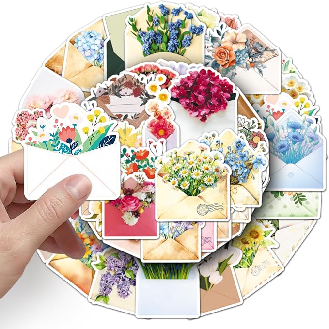 50Pcs Envelope Stickers for Letter and Greeting Cards, Gift Packaging, Ledger, Diary Decoration Stickers(Envelope Flower)