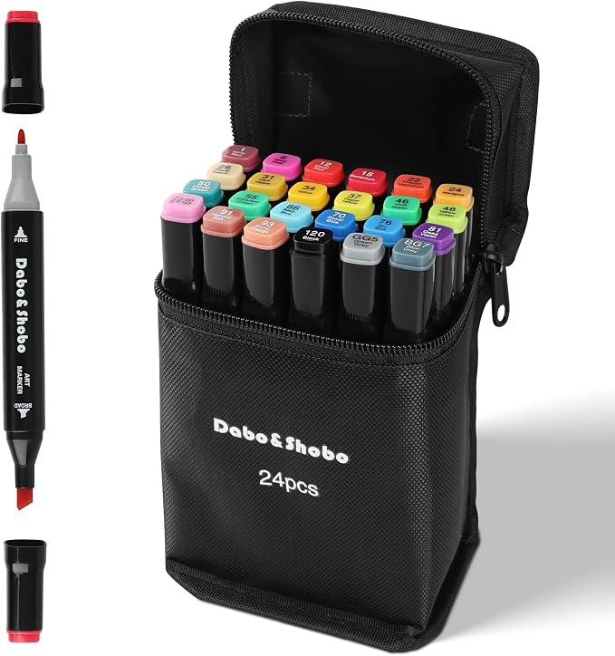 Dabo&Shobo 24 Colors Drawing Markers, Dual Tip Art Markers, Coloring Marker For Adult Sketching And Coloring