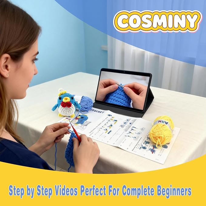Cosminy 8Pcs Crochet Kit for Beginners, DIY Craft for Adults and Kids, Great Gift for Crochet Lovers, Crocheting Animal Kits with Step by Step Videos,Yarn,Crochet Hook,Birthday Holiday Gift