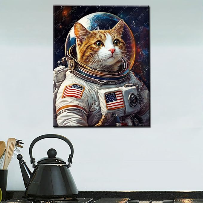 Tucocoo Cat DIY Paint by Numbers for Adults Cat Astronaut DIY Digital Oil Painting Acrylic Paint Planet Outer Space Painting Kits Canvas Wall Art Funny Room Decor 16x20 Inch （DIY Frame ）