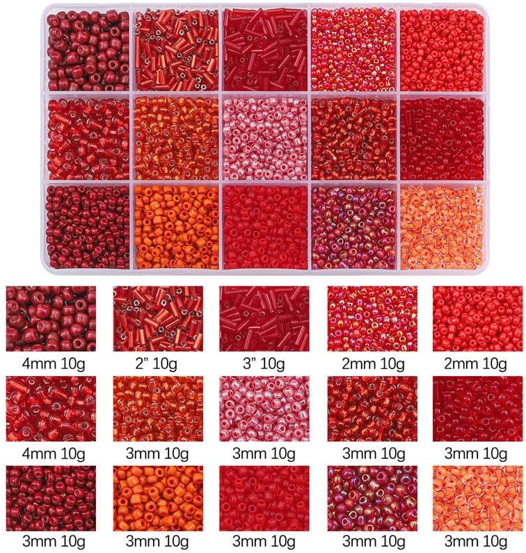 15 Grid Red Glass Seed Bugle & Tube Beads Kit for Jewelry Making DIY Craft