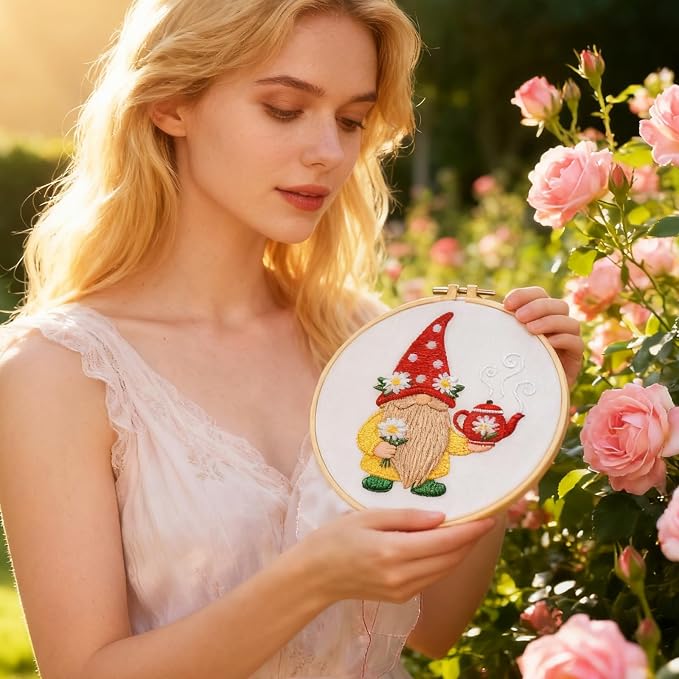 BEUNITONE 4 Set Gardener Gnome Embroidery Kit for Adult Beginners with Hoop | Needlepoint Craft Kits Complete DIY Handmade Cross Stitch Set with Pre-Printed Designs for Home Decor and Gifts 20x20cm