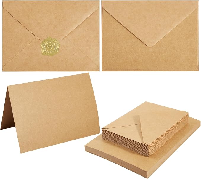 50 Pack Kraft Paper A7 Envelopes with Cards and Gold Stickers, 5x7