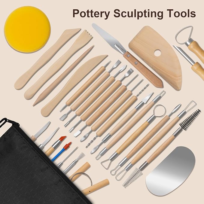 Amrules 31 Pcs Polymer Clay Sculpting Tools Kit for Adults, Light Yellow | Multi-Functional for Carving, Dotting & Molding, Ideal for Art Class & Pottery Studio, Comes with Zipper Storage Bag