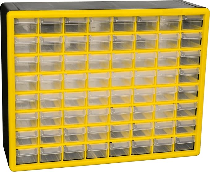 Akro-Mils 64-Drawer Plastic Storage Cabinet, 20"W x 6"D x 16"H, Yellow | Plastic Cabinet w/ Drawers for Garage Organization, Beads, Building Bricks Storage, Teacher Toolbox, Makeup Organizer, 10164