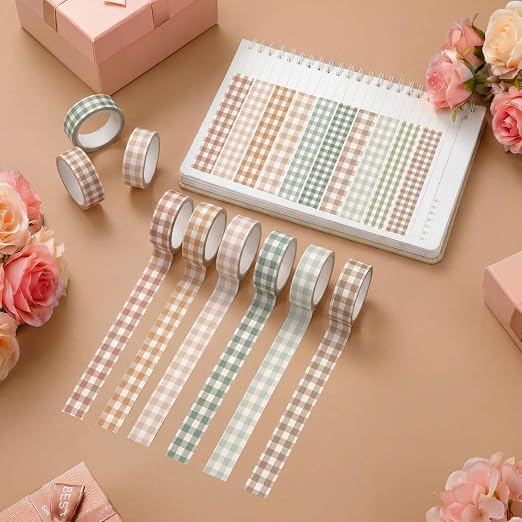 12 Rolls Floral Washi Tape Set,Boho,Gingham Plaid | Watercolor Flowers Design for Scrapbook Journal DIY Craft School Supplies, 15 mm Vintage Decorative Masking Washi Tapes