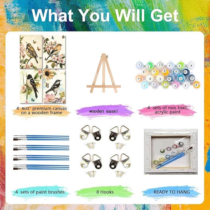 LWZAYS 4 Pack Bird Paint by Numbers Kit for Adults with Frame, Vintage Paint by Number for Adults Beginner with Wooden Easel, DIY Painting by Numbers Canvas Framed for Home Decor 8 x 12 Inch