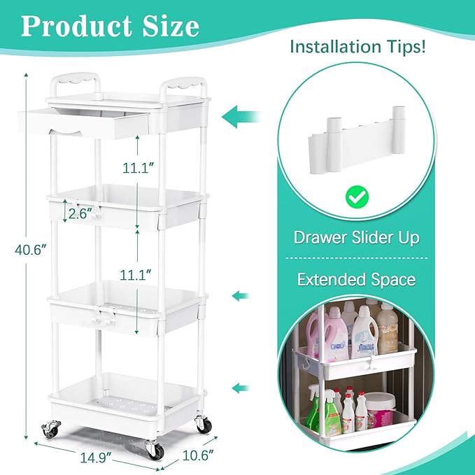SUNALLY 4 Tier Rolling Cart with Drawer, Craft Storage Cart Organizer,White