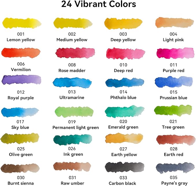 24 Colors Solid Watercolor Paint Set, Vibrant and Highly Pigmented Colors, Removable Pans and Built-in Palette, Portable Metal Case for Students, Beginners, and Outdoor Sketching