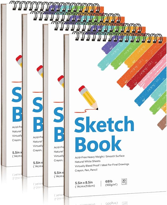 4 Pack Small Sketch Books for Kids, Spiral Bound, Acid-Free Drawing Paper | 5.5 × 8.5in Spiral Sketch Pad, 360° Lays Flat, Portable Size for School, Travel, Daily Sketching & Back to School Gift
