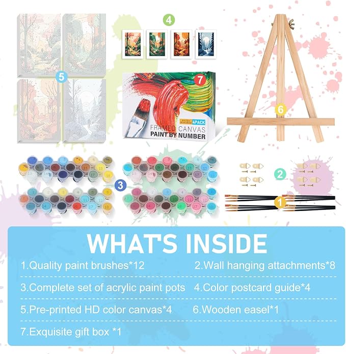 4 Pack Framed Paint by Numbers Kit for Adults with Wooden Easel, 8x12 Inch | Four Seasons Landscapes, Easy DIY Acrylic Canvas Craft Kit with Frame for Beginners, Home Decor, Stress Relief Relaxing Gift