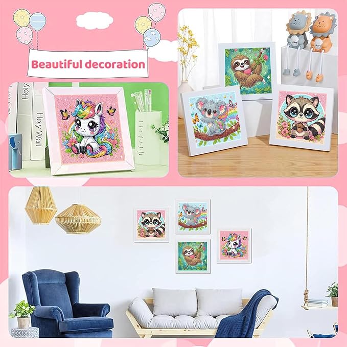 cviokrdu 4 PCS Diamond Art Kits for Kids, Animal Diamond Art for Kids Ages 4 8 12, Cute Sloths Koalas Raccoons Gem Art Kit Crafts Beginners for Gift Home Wall Decor(6x6inch)