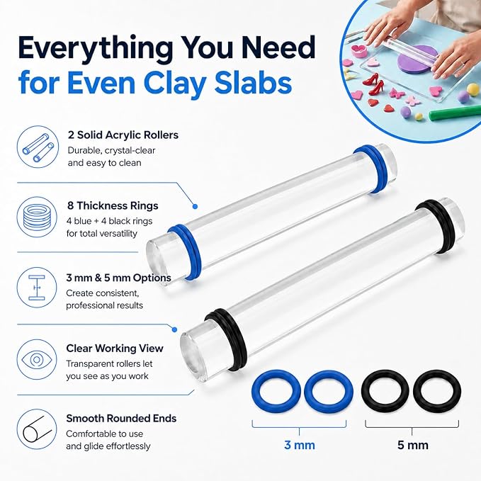 Diyoohomy Clay Rolling Pin Thickness Rings, Acrylic Roller Polymer Tools | Air Dry Clay Supplies Kit, Small Clear Roller with 3 and 5 Mm Adjustable Guides for Sculpting, Shaping, Jewelry Making Crafts