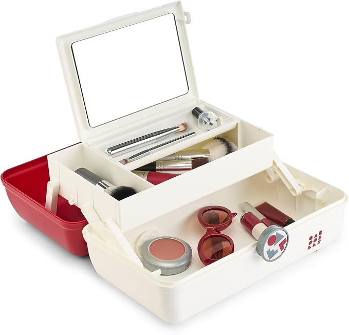 Caboodles School Spirit On-The-Go Girl Makeup Box, Crimson Over White, Hard Plastic Makeup Organizer Box, Built-In Mirror, Secure Latch for Safe Travel, Spacious Storage for Large Items