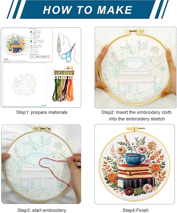 Zhenqing Book Lover Embroidery Kit for Beginners, Books Blooms & Tea Needlework Craft with Pre-Printed Cotton Fabric, Hoop, Threads & Tools, Reading Nook Decor (C0208)