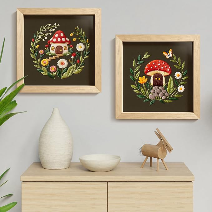 ERKOON Embroidery Kit for Beginners, 2 Set Flower Cross Stitch Set Include Embroidery Cloth Hoops Threads for Craft Lover Hand Stitch with Embroidery Skill Techniques (Mushroom)