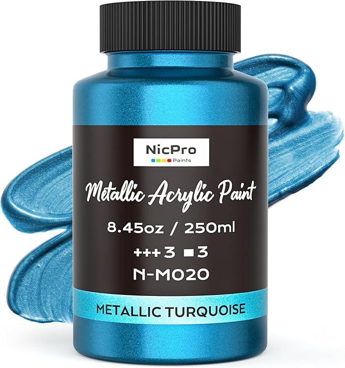 Nicpro Metallic Turquoise Acrylic Paint, 8.45oz/250ml Blue Craft Paint | Large, Non Toxic, Non Fading for Metal Wood Clay Fabric Canvas, Ceramic, Furniture, Handcrafts