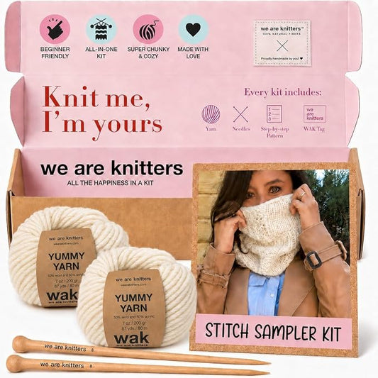 We Are Knitters Stitch Sampler Knitting Kit | Beginner-Friendly Knitting Starter Kit with Cotton Yarn | Learn Essential Stitches & Make Your First Snood