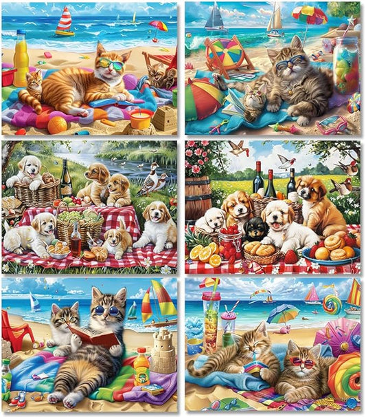 DOTSOPS 6 PcsCat Dog Diamond Painting Kits for Adults Art Painting Kit | Crafts DIY 5D Diamond Art Packs Kits,Round Full Drill for Adults,Beginner Home Wall Decoration Gift 11.8 x 15.7 Inches