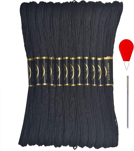 Embroidery Floss - Cross Stitch Threads - Friendship Bracelets Floss - Crafts Floss 12 Skeins Per Pack and Free Set of 2Embroidery Needles and 1Needle Threader（Black）