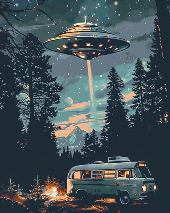 Tucocoo Starry UFO DIY Paint by Numbers for Adults Bus in Forest DIY Oil Painting Acrylic Paint Art Moon Stars Painting Kits Canvas with Acrylic Paint UFO Fantasy Decor 16x20 Inch （Without Frame ）