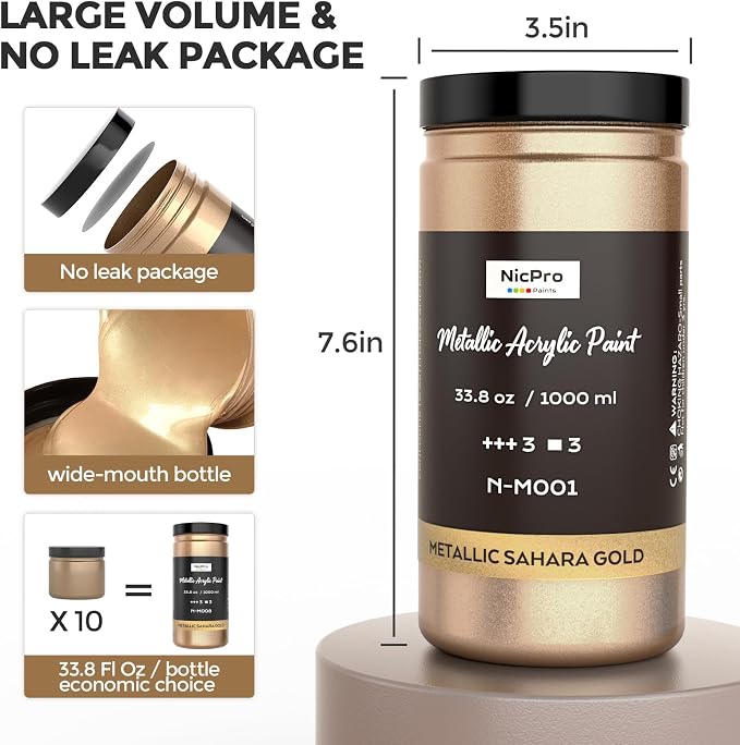 Nicpro Metallic Sahara Gold Acrylic Paint, 33.8oz/1000ml Gold Leaf Paint | Non Toxic Non Fading Craft Paint for Metal, Wood, Craft, Clay, Canvas, Furniture, Art Painting, Handcrafts, Art Supplies