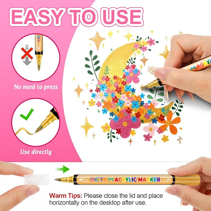 Betem 24 Metallic Paint Markers for Glass, Dual Tip Acrylic Paint Pens | Window, Fabric, Wood, Rock, Canvas, Acrylic Markers with Fine & Brush Tip, Art & Craft Supplies, Wine Glass Markers