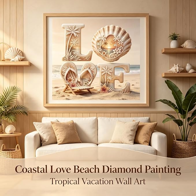 Beach LOVE Diamond Painting Kit for Adults,Coastal Sunset Diamond Art Kits | DIY Full Round Drill Gem Painting Seaside Scenery Paint by Diamonds Relaxing Craft for Home Wall Decor 13.7x13.7In