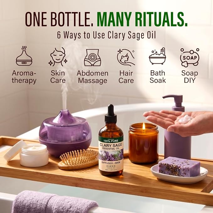 Kukka 100% Pure Clary Sage Essential Oil for Skin, Diffuser, 1.02 Fl Oz | Clary Sage Oil for Hair, Massages, Body Care & Wellness, Soothing Aroma for Scalp Care & Relaxation