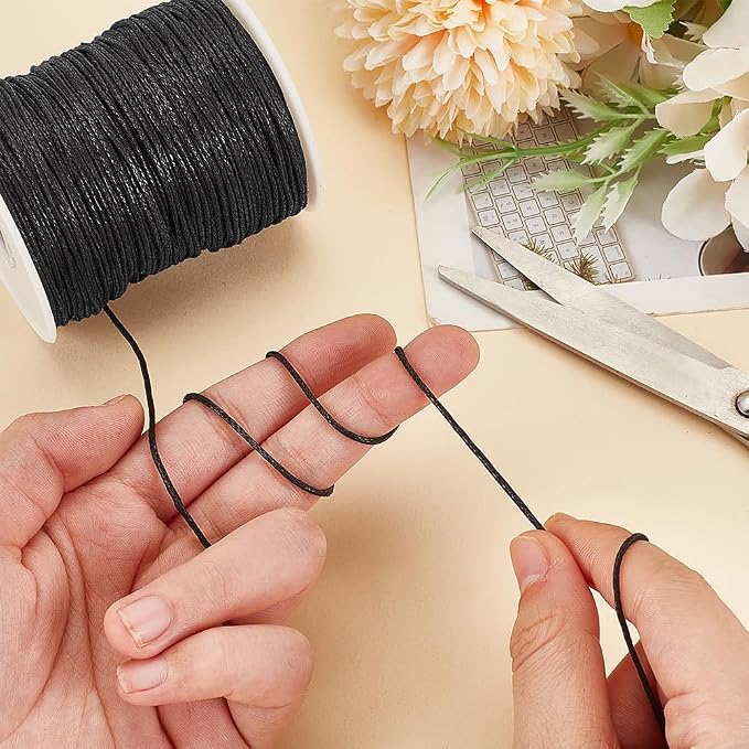 PH PandaHall 100 Yards 1mm Waxed Cotton Cord, Black Waxed String Beading Thread Roll Spool for Bracelet Necklace Jewelry Waist Beads DIY Crafts Making Macrame Supplies (Pack of 3)