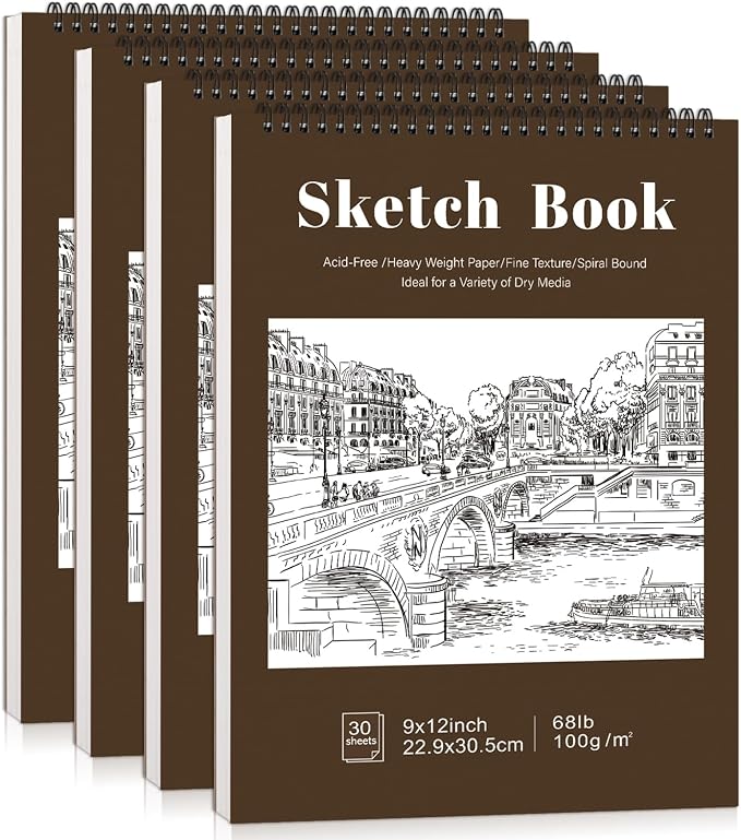 4 Pack Sketch Books 9 × 12 in, Top Spiral, 30 Sheets Each, Drawing Pad | 100gsm Acid-Free Paper, Hardcover with Rigid Backboard, Lay-Flat Top Spiral, for Sketching, Drawing & Dry Media