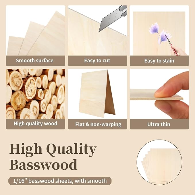 Balsa Wood, Plywood Sheet, Unfinished Basswood Blanks, 12×12×1/16 in, 5 Pcs | for Laser Cutting, Engraving, Burning, Crafts, Paint; Smooth and Polished, No Burrs, Wood Craft Supplies