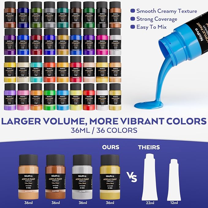 Nicpro 80PCS Acrylic Paint Canvas Set for Adults with 36 Paints (36ML) | Art Painting Supplies Kit, Table Wood Easel, 10 Canvas Panels, 12 Paint Brushes, Paper Pad, Cup, Palette, For Beginner Artist