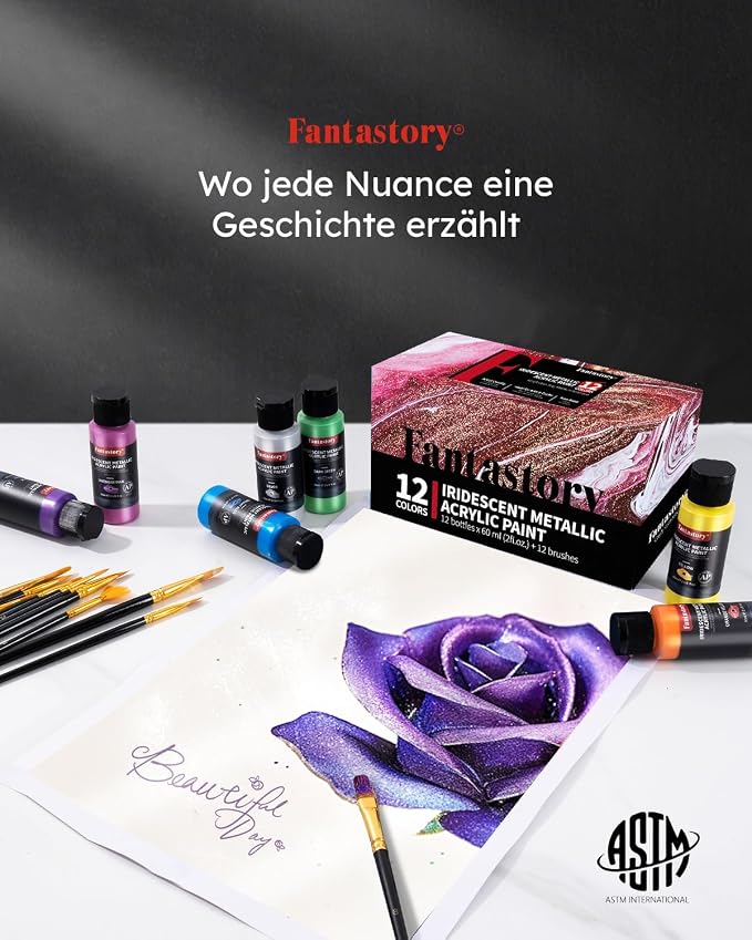 Fantastory 60ml 12 Colors Metallic Acrylic Paint Set with 12 Brushes | Balanced Series, Color-Shifting, Perfect for Metal, Canvas, Rock, Stone, Ceramic, Model, Wood Painting