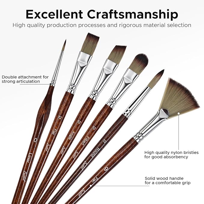 Bougimal 33 Pcs Paint Brush Set, No-Shedding Artist Paint Brushes | Paint Brush Kit with Flat Round Filbert Fan Angle Detail Brush for Acrylic, Oil, Watercolor, for Artists & Beginners (Tawny)