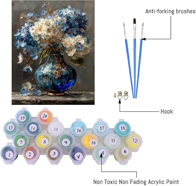 pchmcu Hydrangea in Glass Vase Paint by Numbers Kits for Adults,Blue and White Flowers Paint by Number for Adults Beginner, Paint by Numbers Kits on Canvas Frameless for Home Wall Decor 16x20inch