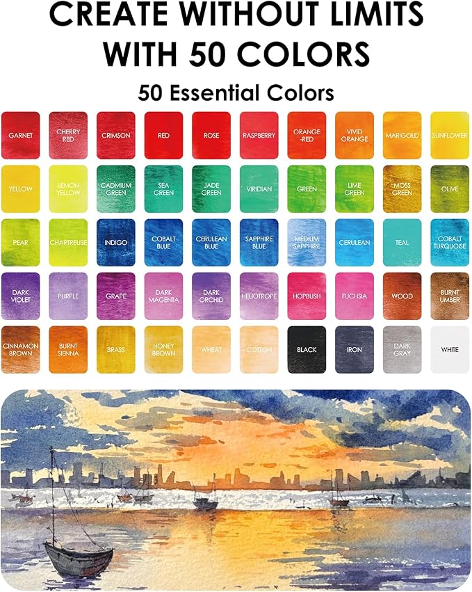 Grabie Set of 50 Color Premium Watercolor Paint Set with Detail Brushes | High Pigment Paints, Rich Color Mixing, Portable Travel Case, All-In-One Art Kit, Watercolor Painting