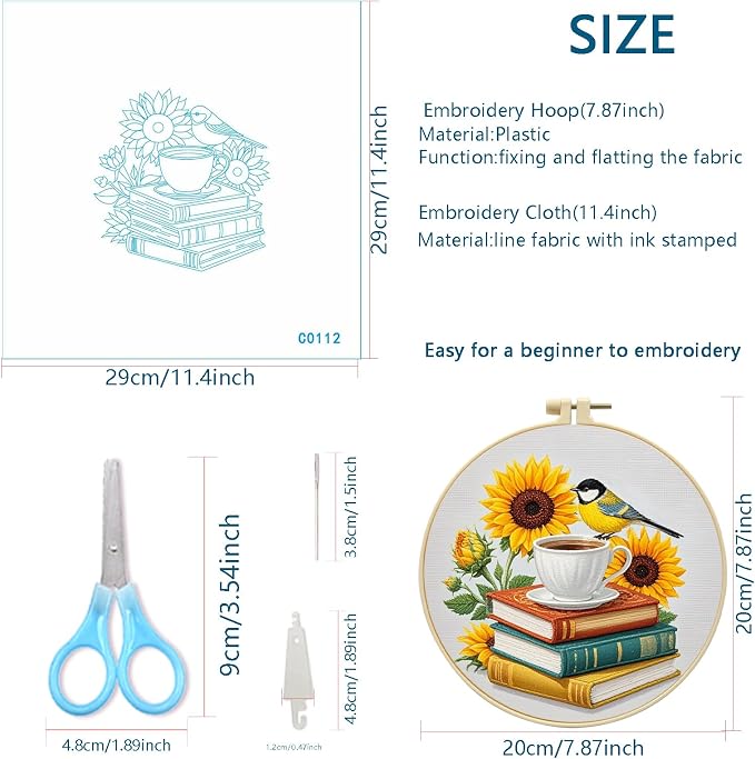 Zhenqing Book Lover Embroidery Kit for Beginners, Sunflower Bird & Coffee Books Needlework Craft with Pre-Printed Cotton Fabric, Hoop, Threads & Tools, Reading Nook Decor (C0112)