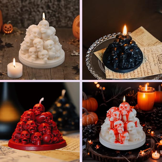 Hallowee Skull Candle Mold, Stacked 3D Skeletons Head Silicone Mold | Durable Non-Stick Halloween Craft Molds for Epoxy Resin Casting, Concrete & Soap, DIY Home Decor Party Creative Gift Making