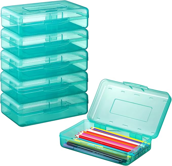 Sooez 6 Pack Pencil Box, Hard Pencil Boxes for School Supplies Bulk, Large Plastic Pencil Case with Lid, Clear Pencil Container, Stackable School Crayon Boxes Bulk for Kids