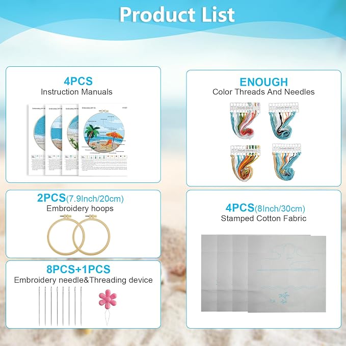 4 Set Ocean Embroidery Kit for Beginners Adults Embroidery Starter Kit Ocean Beach Pattern Spring Summer Hand Crewel Embroidery Kit Cross Stitch Kit Include Instruction 2 Hoops Color Threads Needles