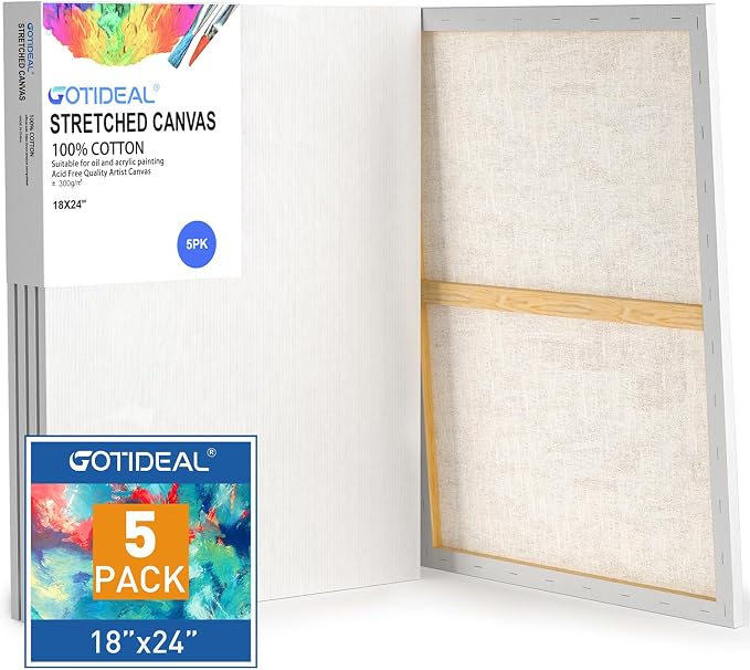 GOTIDEAL Stretched Canvases for Painting, 18x24 Inch Set of 5 | Primed White, 100% Cotton Blank Art Canvas Boards for Painting for Acrylic Pouring, Oil Paint Dry & Wet Art Media