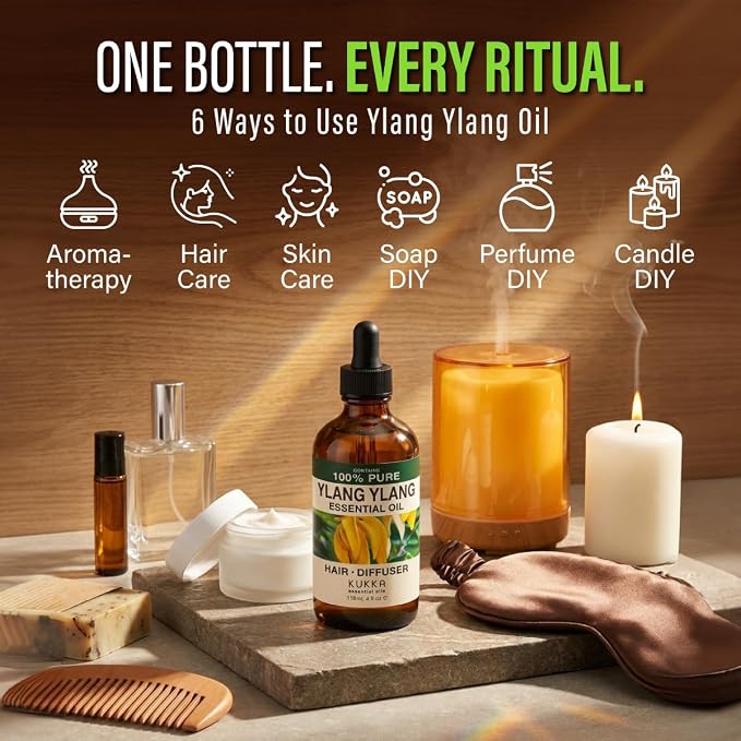 100% Pure Ylang Ylang Essential Oil 4 Fl Oz - for Hair, Skin and Diffuser | Ylang Ylang oil, Undiluted Floral Aroma, Aromatherapy, Perfume Blends, GC/MS Tested, with Dropper, Body and Scalp Care