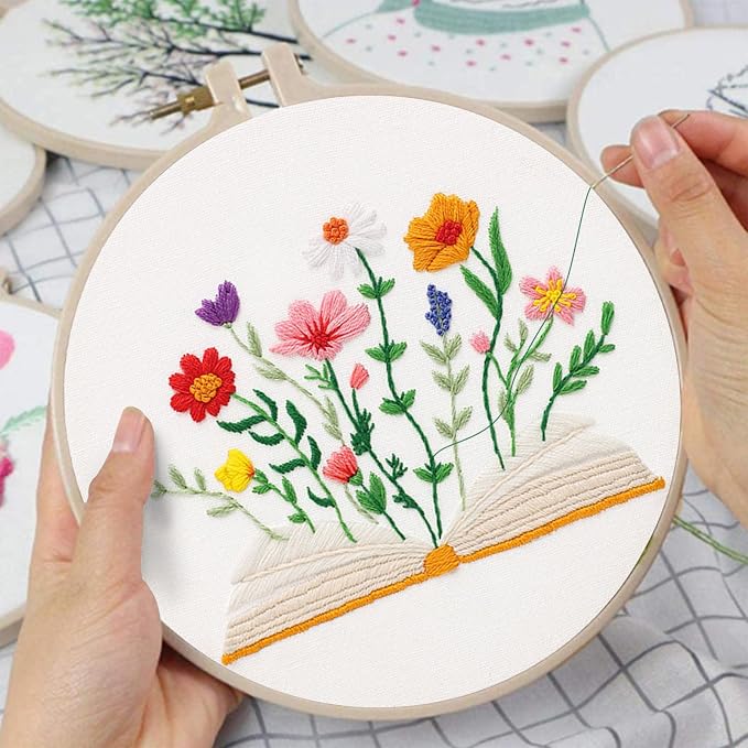 Louise Maelys Book & Flowers Embroidery Kit for Beginners Decor Craft Gift | Needlepoint Kit with Pre-Printed Fabric, Hoop, Needles, Color Threads & Detailed Guide, DIY Cross Stitch Kits for Women