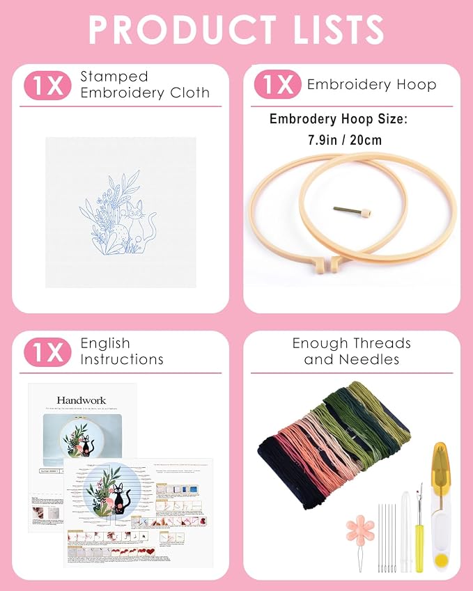 TINDTOP Embroidery Kit for Beginners Adult, Cat Embroidery Kit | Include Embroidery Cloth Hoops Threads for Craft Lover Hand Stitch with Embroidery Skill Techniques