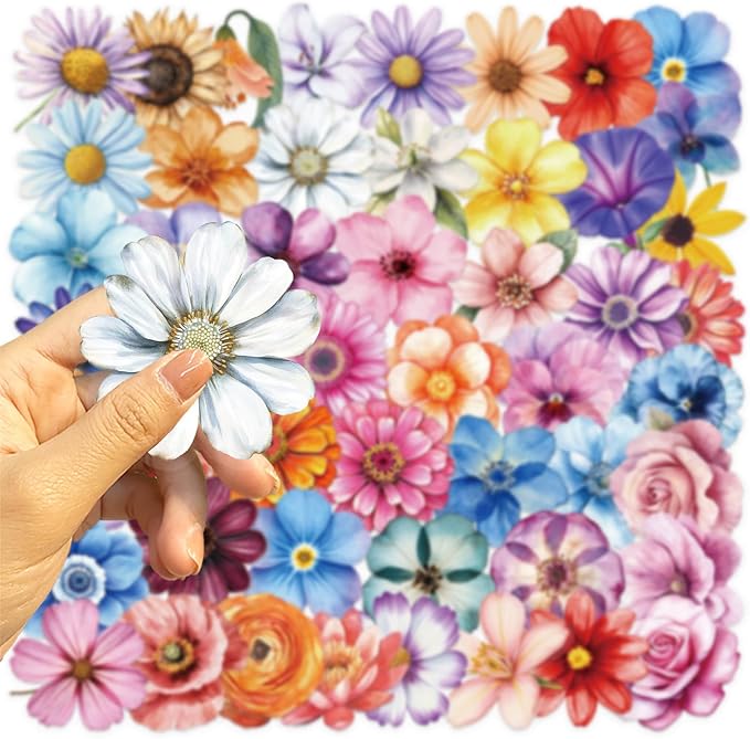 50PCS Flower Stickers PET Transparent Stickers Colorful Nature Decals Waterproof Decorative Decals for Scrapbook DIY Crafts Album Bullet Journal Planner Water Bottles Phone Cases Laptops