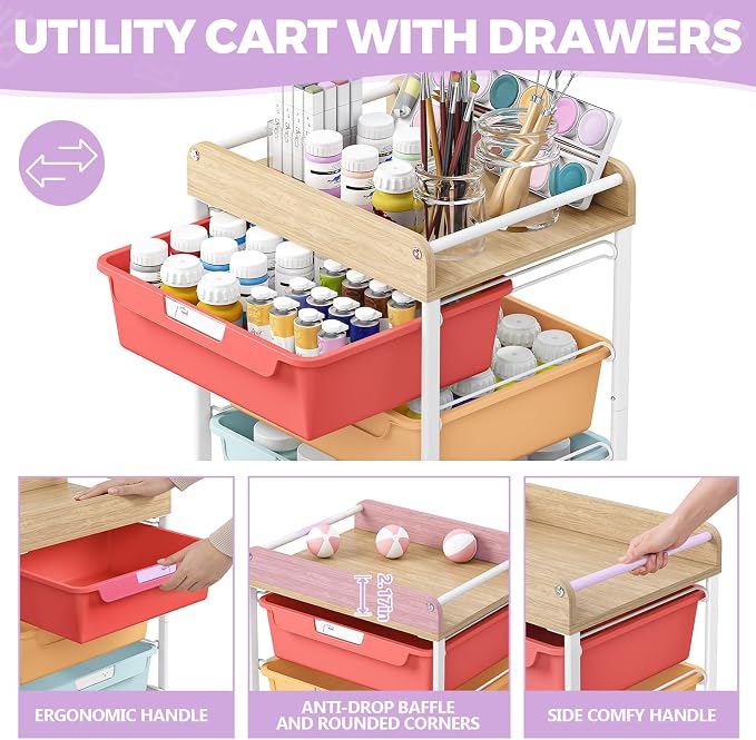 SYKIARIOL Rolling Craft Storage Cart with 4 Drawers,Art Cart,Jelly Color | Utility Cart with Drawers,Art Craft Organizers and Storage,Kids Craft Cart With DIY Lable and Wooden Tabletop Area