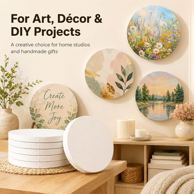 10 Pack Stretched Canvas for Painting, 12 Inch Round Canvas Panel, Circle White Art Canvas Panels, Cotton Primed Paint Blank Canvas for Oil, Acrylic, Gouache, Crafts