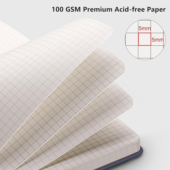 RETTACY Graph Grid Paper Notebook, 192 Pages, A5 Size (5.7'' x 8.3'') | 5 Squares per Inch, Leather Hardcover, 100 GSM Thick Paper, for School, Students, Math, Engineering (Navy blue)